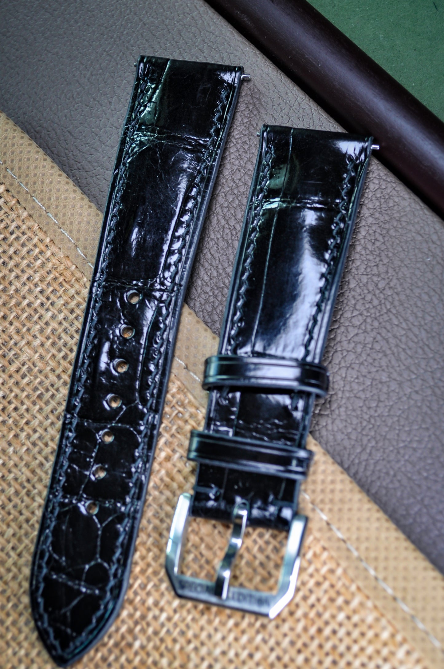 Handmade Crocodile Strap-Black-Gloss (Slight Padded)