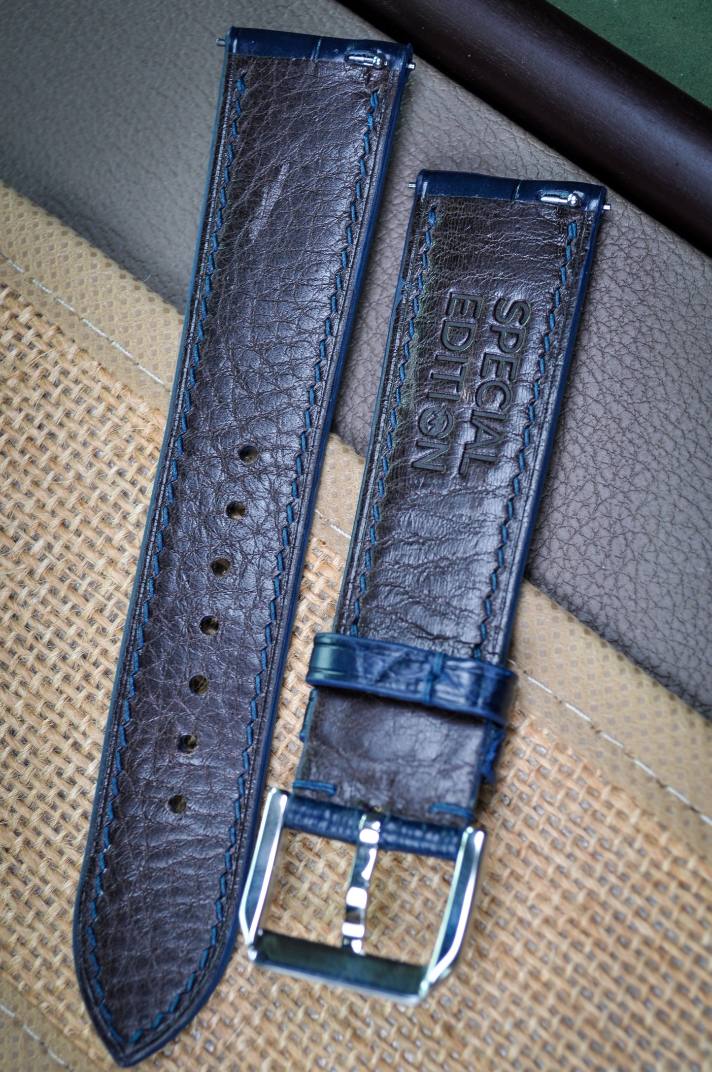 Handmade Crocodile Strap-Denim Blue-Glazed (Slight Padded)