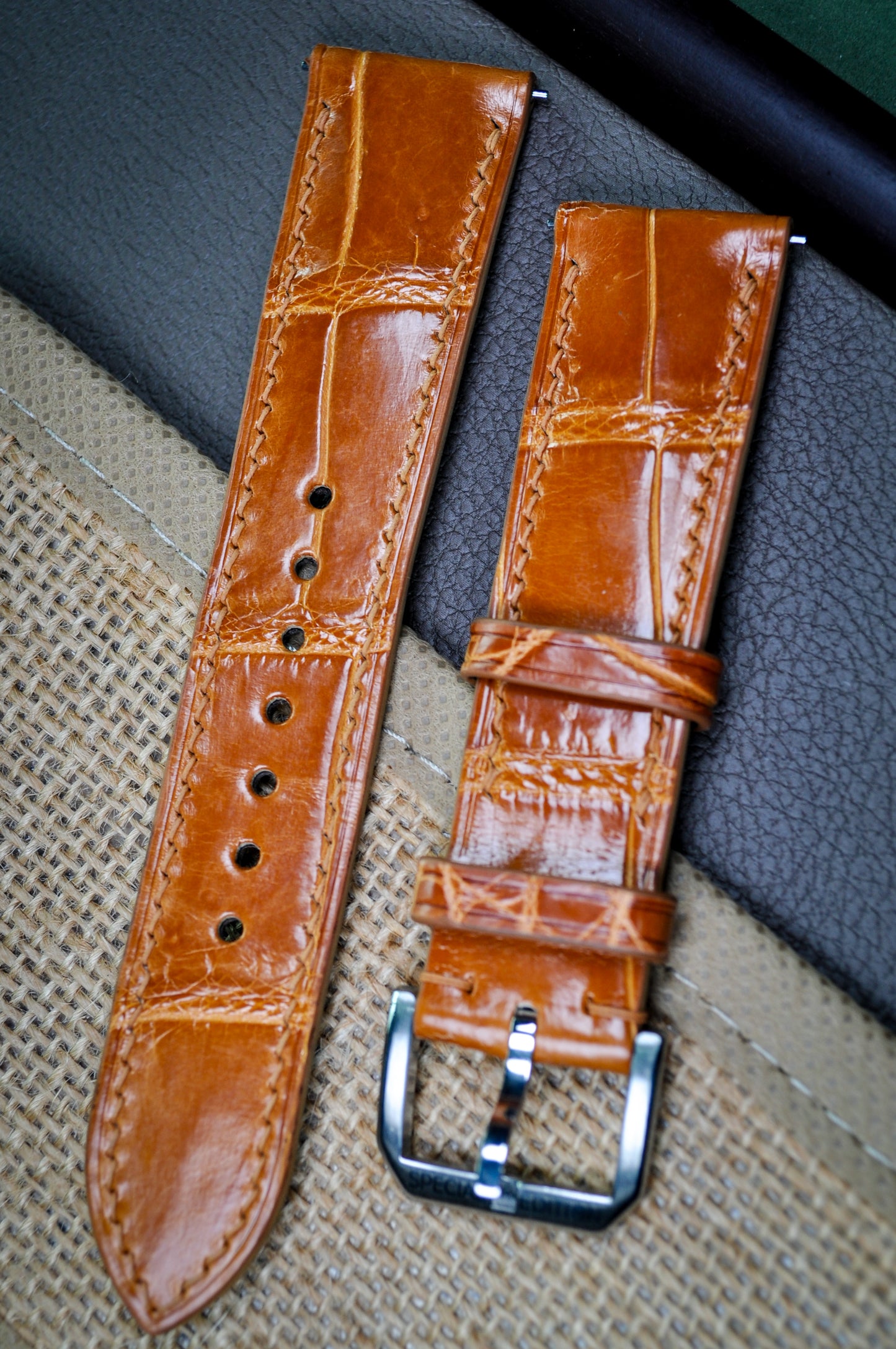 Handmade Crocodile Strap-Rust Brown-Gloss (Slight Padded)